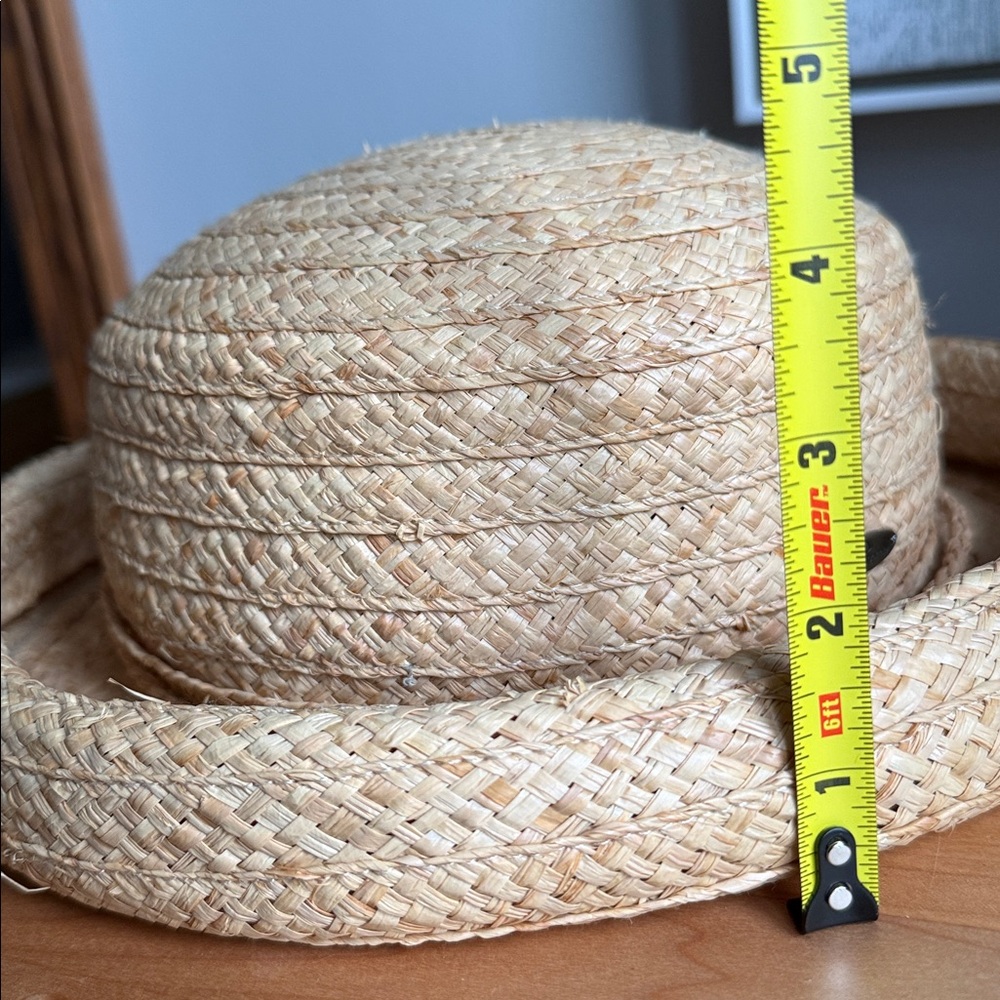 Vintage Liz Claiborne Straw Bowler Rolled Brim Hat Tan With Metal LC Brand Tag - Picture 8 of 17
